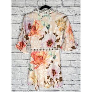 HERE COMES THE SUN Women's Floral Lace/Grommet Trim Fit & Flare Mini Dress XS